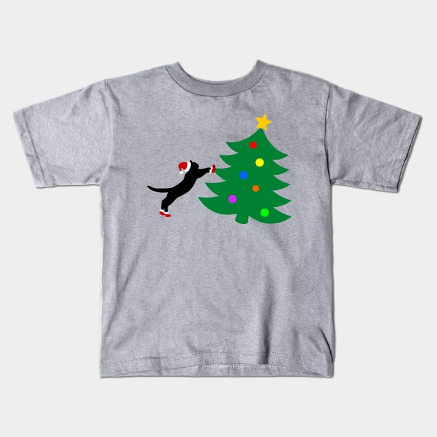 Cat ruining Christmas tree Kids T-Shirt by Mandz11